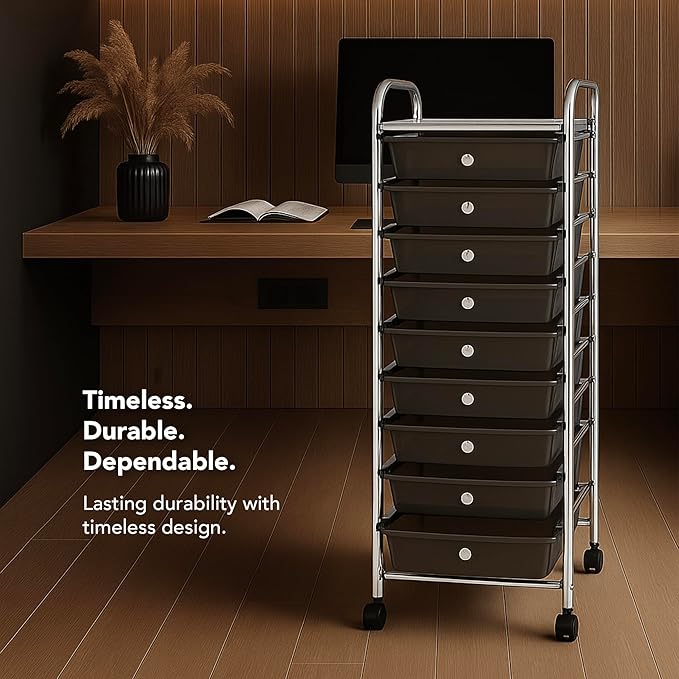 Display By Jack Rolling Storage Cart 10 Drawer Organizer with Black Drawers, Slim 36" Chrome Frame, Locking Wheels, and Top Shelf for Office, Classroom, Bathroom, or Craft Storage