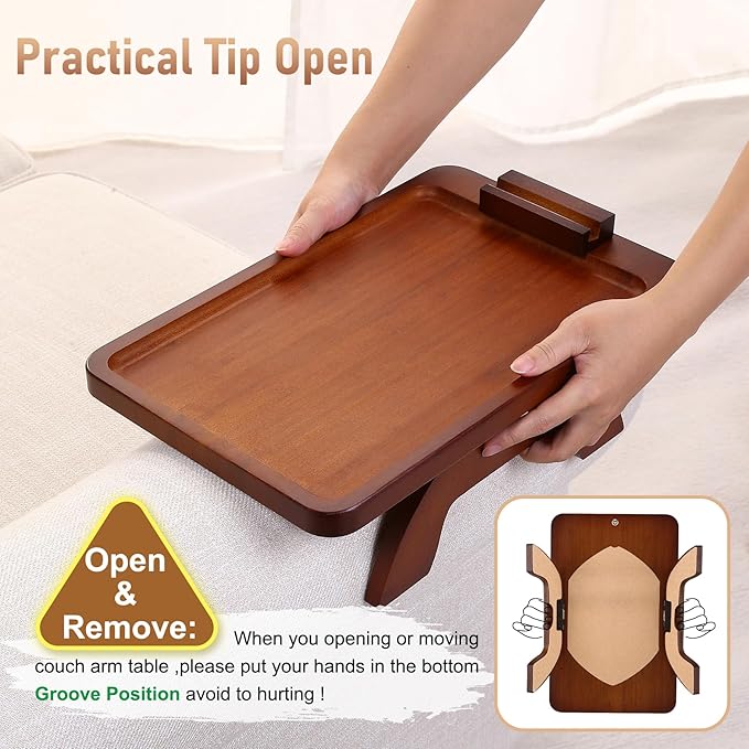 SINWANT Couch Arm Tray with 360° Rotating Phone Holder,Bamboo 15.35"x9.85" Folding Wide Sofa Arm Tray,Anti Slip Clip on Side Table Couch Armrest for Snacks,Drinks,Remotes