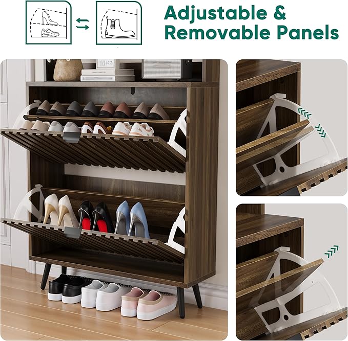 Smuxee Shoe Cabinet with 2 Flip Drawers & Coat Rack Hooks, 31.5" Walnut Hidden Shoe Storage Cabinet, 2-in-1 Hall Tree Slim Freestanding Shoe Rack Organizer for Entryway, Hallway, Living Room