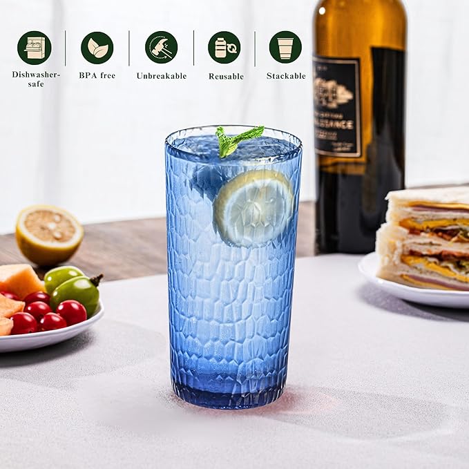 15oz and 22oz Colorful Acrylic Glasses Drinkware (Set of 8), Honeycomb Stackable Shatter-Proof Plastic Tumblers, Reusable Plastic Drinking Glasses, BPA-Free, Dishwasher-Safe