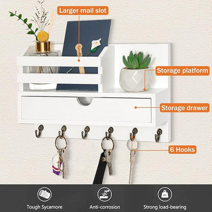 Key and Mail Holder for Wall, Mail Organizer Wall Mount with 6 Hooks and Storage Drawer, Wooden Key Rack Hanger with Shelf for Entryway and Home Decor