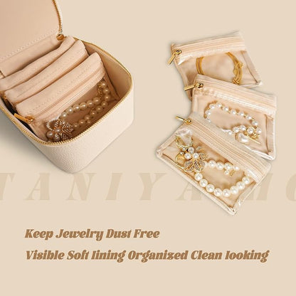 6 Pcs Travel Jewelry Organizer, Velvet Mini Pouch with Clear Zipper Pocket, Lightweight Jewelry Storage Organizer for Rings Earrings Necklaces, Travling Gift for Women Girls (Beige)
