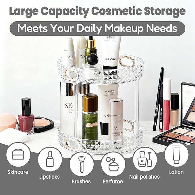 360 Rotating Makeup Organizer for Vanity, 2 Tier Diamond Pattern Perfume Organizer for Women, Large Capacity Skincare Lotion Cosmetic Organizer, Bathroom Countertop Makeup Holder, Clear