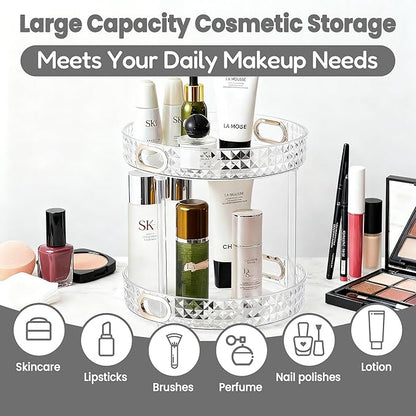 360 Rotating Makeup Organizer for Vanity, 2 Tier Diamond Pattern Perfume Organizer for Women, Large Capacity Skincare Lotion Cosmetic Organizer, Bathroom Countertop Makeup Holder, Clear