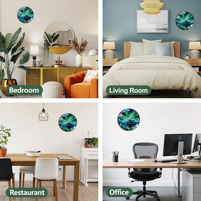 peacoblue Wall Clocks Battery Operated 12 Inch Aurora and Landscape Glass Round Wall Clock Non Ticking for Kitchen Living Room Dining Room Bedroom and Bathroom Decor (Battery not Included)