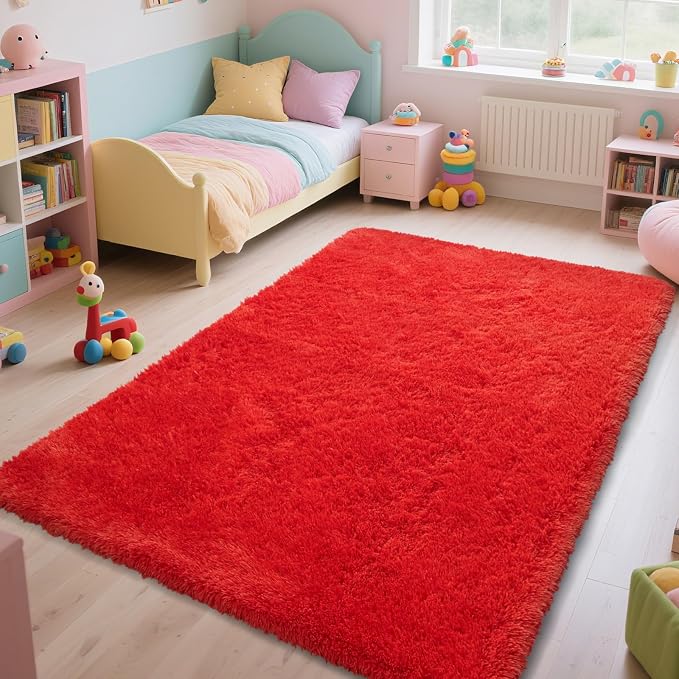 Red Shag Area Rugs for Bedroom Living Room,Ultra Soft Fluffy Christmas Area Rugs 4X6 for Dorm,Indoor Carpet Plush Rugs for Living Room Home Decor,Red