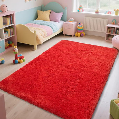 Red Shag Area Rugs for Bedroom Living Room,Ultra Soft Fluffy Christmas Area Rugs 4X6 for Dorm,Indoor Carpet Plush Rugs for Living Room Home Decor,Red
