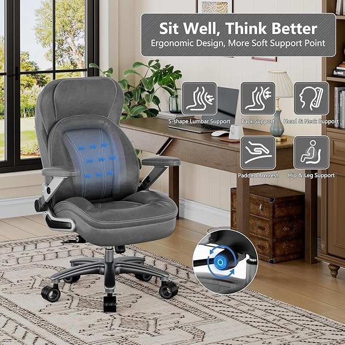 Big and Tall Office Chair, 600lbs Heavy Duty Desk Chair with 5D Arms, Adjustable Lumbar Support & Height, Tilt Function, PU Leather High Back Ergonomic Executive Computer Chair with 3'' Silent Casters