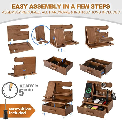 TESLYAR Wood Phone Docking Station with Drawer - Nightstand Organizer - Desk Organizer for Husband - Birthday Gifts for Men, Dad, Anniversary Idea, Key Holder Stand Watch & Accessories (Desert Beige)