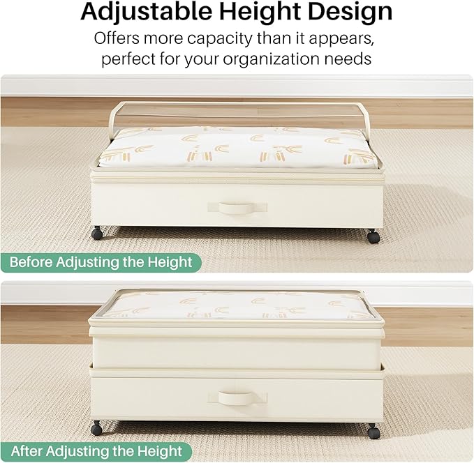 Kitstorack 2Pack Height-adjustable Under Bed Storage with Wheels, Under Bed Storage Containers,Under Bed Shoe Storage Organizer with Clear Window&Label, Suitable for Clothes Storage, Beige