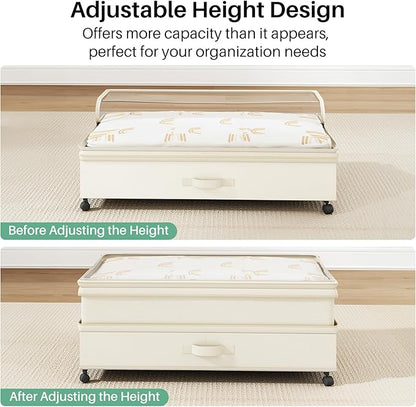 Kitstorack 4 Pack Height-adjustable Under Bed Storage with Wheels, Under Bed Storage Containers,Under Bed Shoe Storage Organizer with Clear Window&Label, Suitable for Clothes Storage, Beige
