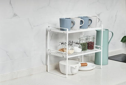 Shantton 2Pack Kitchen Cabinet Shelf Counter Organizer Rack Pantry Storage Bathroom Bedroom Office Table Desk Space Saving Stackable Rust Resistant Non Slip White Wide L16.1in W10.6in H7.3in