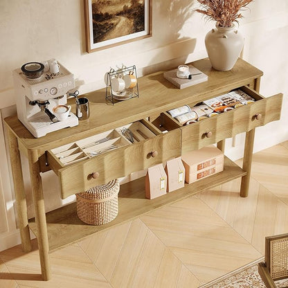 Tribesigns Console Table with 2 Drawers, 55-Inch Fluted Entryway Table, Modern Narrow Sofa Table with Open Shelf, Accent Console Furniture for Living Room, Hallway, Foyer, Light Oak
