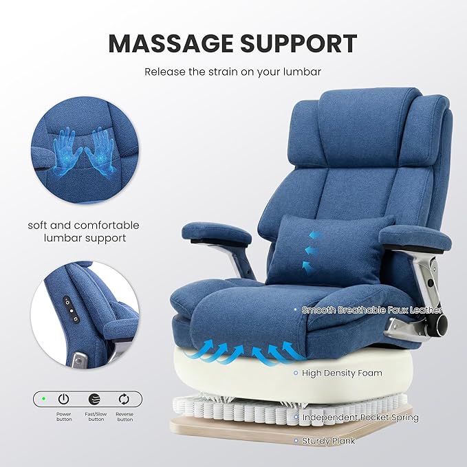 750lbs Heavy Duty Desk Chair with 3D Kneading Massage, Big and Tall Office Chairs with Ergonomic Support, 4D Armrests, 5 Quiet Dual Rubber Wheel, Thick Pocket Spring Cushion(Blue, Fabric)