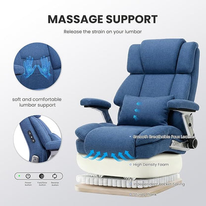 750lbs Heavy Duty Desk Chair with 3D Kneading Massage, Big and Tall Office Chairs with Ergonomic Support, 4D Armrests, 5 Quiet Dual Rubber Wheel, Thick Pocket Spring Cushion(Blue, Fabric)