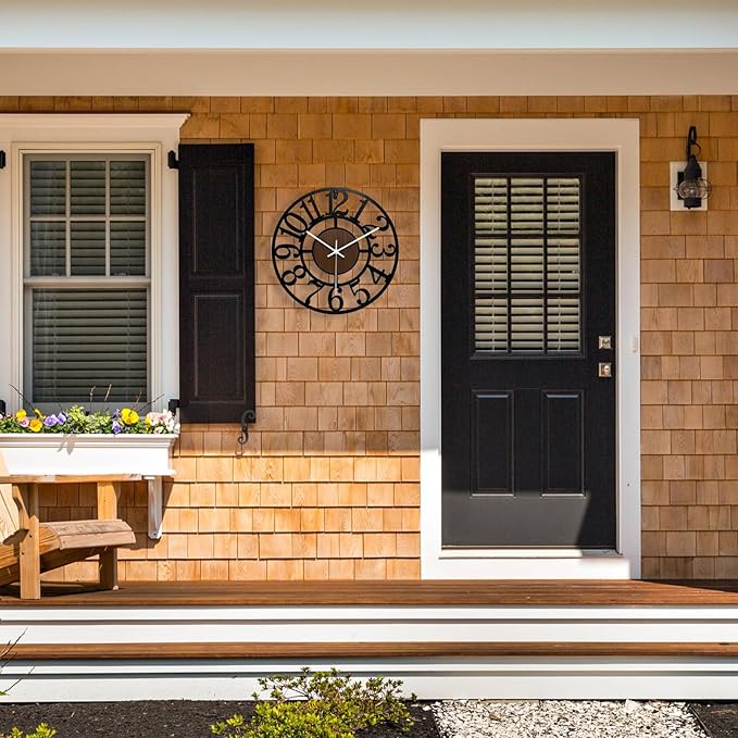 SUKYING Large Decorative Wall Clock, Vintage Farmhouse Wall Clock for Living Room/Kitchen/Bedroom, 16 Inch Silent Battery Operated Wooden & Black Metal Clock for Outdoor Covered Patio, Pool Area