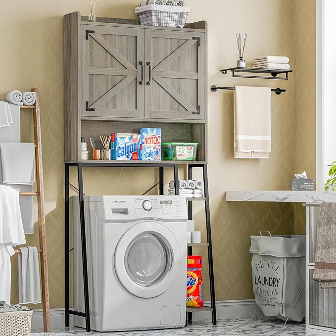 Vabches Over The Toilet Storage Cabinet, Farmhouse Storage Cabinet Over Toilet with 2 Barn Door & Toilet Paper Holder Stand，Home Space-Saving Toilet Rack, for Bathroom, Restroom, Laundry