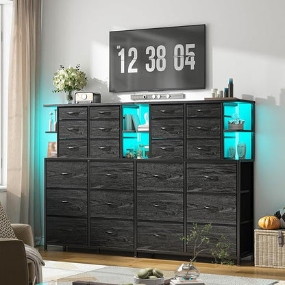 EnHomee Dresser with 12 Drawers & LED Lights, Dresser for Bedroom with 4 Open Storage Shelves, Fabric Dressers & Chests of Drawers, Metal Frame, Wood Top,45.2" H x 35.4" W x 11.8" D, Black
