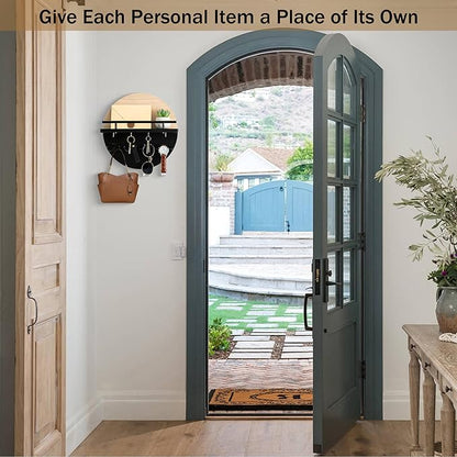 Key Holder for Wall Decorative with Shelf and Hooks, Mail Organizer Wall Mount with Sunglasses Holder, Circular Design Entryway Key Rack Hanger, Rustic Home Decor