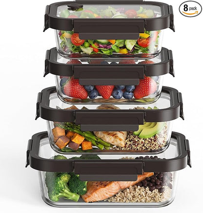 GENICOOK Glass Meal Prep Containers with Glass Lids, 4 Pack Airtight Glass Food Storage Containers, Borosilicate Glass Lunch Containers for Healthy Meal Prep, Microwave Oven Dishwasher Safe, BPA Free