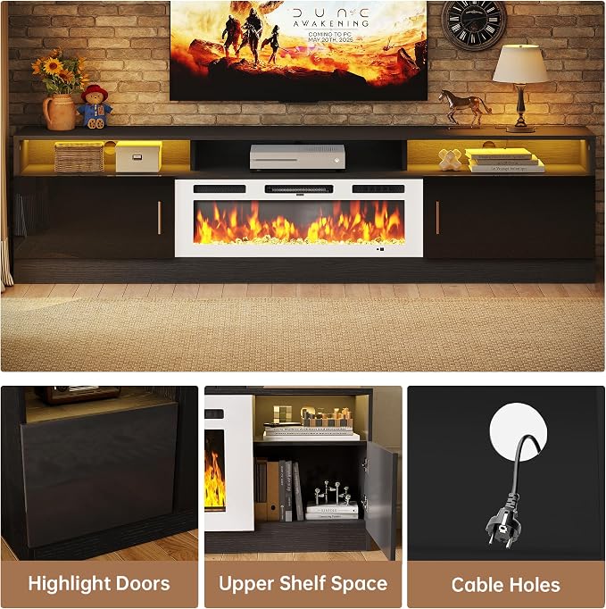 MXV 78" Fireplace TV Stand with Power Outlet for TVs UP to 90", Electric Fireplace Entertainment Center with LED Lights & Storage Cabinets, TV Console for Living Room, Office, Black-White