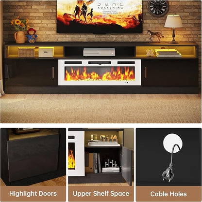 MXV 78" Fireplace TV Stand with Power Outlet for TVs UP to 90", Electric Fireplace Entertainment Center with LED Lights & Storage Cabinets, TV Console for Living Room, Office, Black-White
