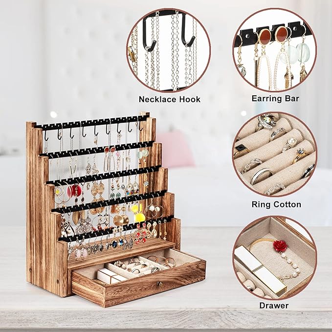 Pinzoveco Earring Organizer, 5 Layer Earring Holder Organizer with Necklace Holder Pole, Rustic Wood Jewelry Organizer Stand Display for Stud Earring Bracelet Necklace Ring, 175 Earring Holes