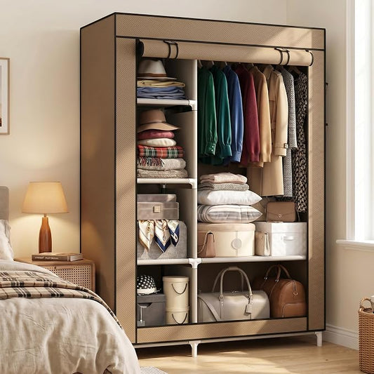 Calmootey Portable Closet Organizers, Clothing Storage, Wardrobe with 6 Shelves and Hanging Rod, Non-Woven Fabric Cover with 4 Side Pockets, Brown