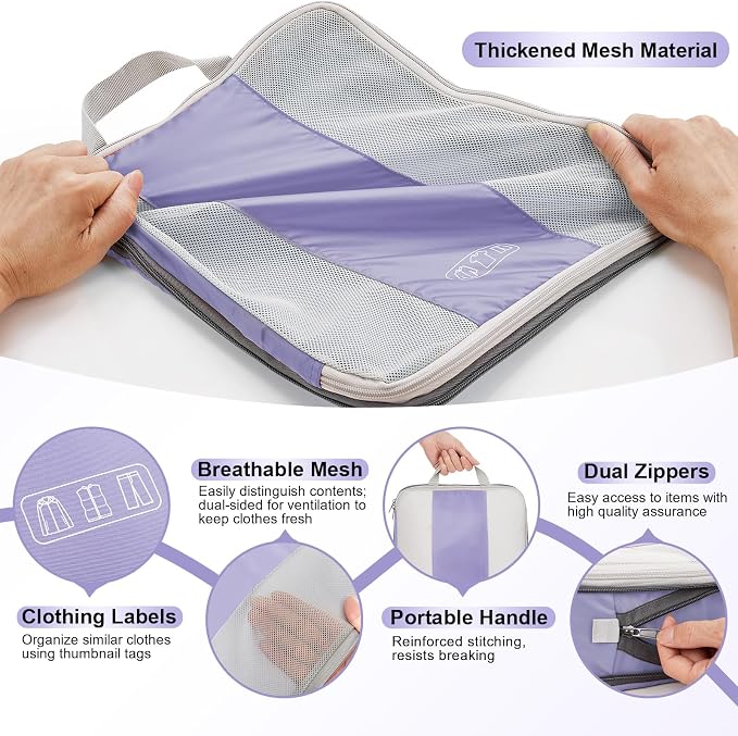 10 Set Compression Packing Cubes for Travel Essentials,Compressible Expandable Packing Cubes for Suitcase,OlarHike Luggage Garment Bags for Travel,Handy Helper for Organizing Clothes(Purple Gray)