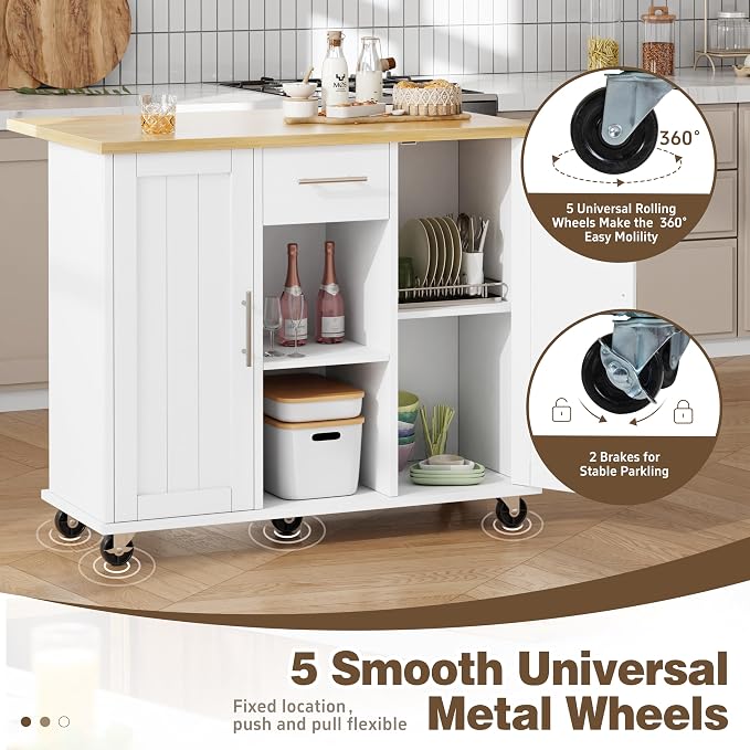 Shintenchi Kitchen Island with Storage, Bar Cart Cabinet Island Table on Wheels, Rolling Microwave Cart for Kitchen with Drop Leaf, Drawers, Towel Rack, Seating Area for Dining Room, White