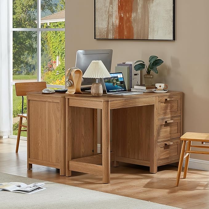 48'' Farmhouse Executive Desk with Storage, Wooden Home Office Desk with Drawer and Vintage Handle, Large Computer Writing Desk for Study, Bedroom, Living Room （Dark Wood）
