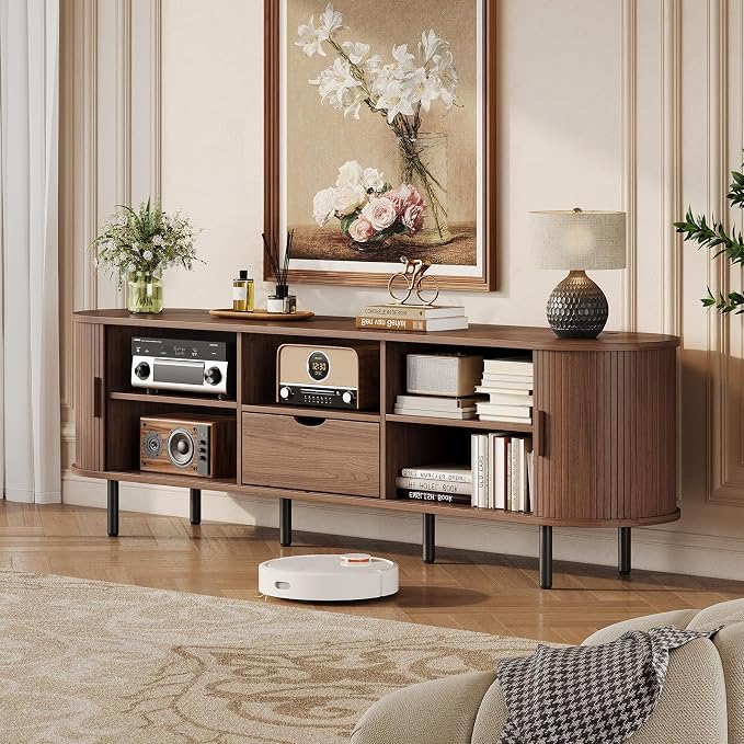 69" Mid-Century TV Stand with Power Outlet, Fluted Entertainment Center with Storage Drawer, TV Console with Sliding Door and Adjustable Shelves, TV Stand up to 80" for Living Room, Bedroom, Walnut
