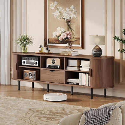 69" Mid-Century TV Stand with Power Outlet, Fluted Entertainment Center with Storage Drawer, TV Console with Sliding Door and Adjustable Shelves, TV Stand up to 80" for Living Room, Bedroom, Walnut