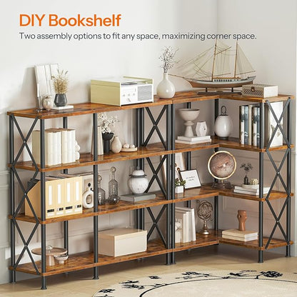 HOOBRO Corner Bookshelf, 4-Tier L-Shaped Bookcase, Industrial Open Display Shelf Tall Storage Organizer, Vertical Storage Rack, for Living Room, Home Office, Rustic Brown and Black BF59SJ01