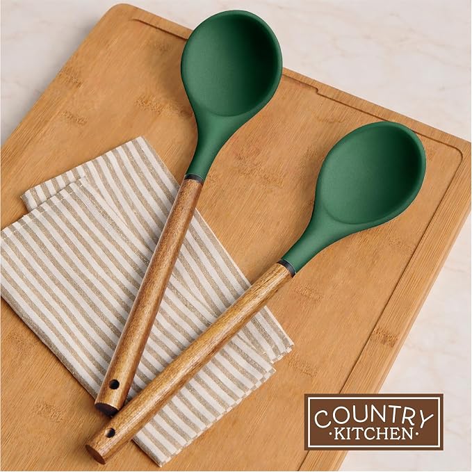 Country Kitchen Non Stick Silicone Utensil Set with Rounded Wood Handles for Cooking and Baking, 8 Piece Set, Green