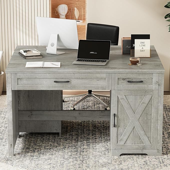 Vabches Farmhouse 47" Executive Desk,Computer Desk with Drawers and Storage Cabinet, Home Office Desk for Work and Study.Grey