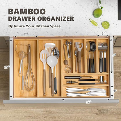 Kitchen Drawer Organizer Bins, Stackable Bamboo Deep Drawer Organizer for Silverware, Utensils, Cutlery, Flatware, Junk Drawer, Dresser, Bathroom, 12" x 3" x 2.5" (Set of 2)