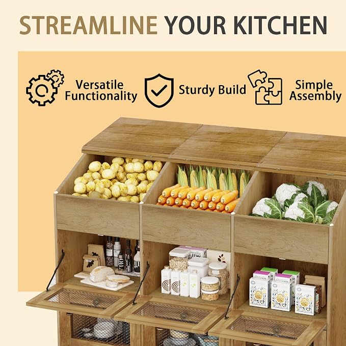 Large Potato Storage Bin, Wooden Bread Bins with Wheel, Onion Storage Bin, Storage Box for Kitchen Pantry, Brown
