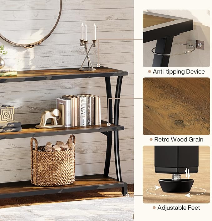 Tribesigns Industrial 3-Tier Console Table, Rustic Narrow Entryway Sofa Table with Storage Shelves for Living Room, Hallway, Foyer
