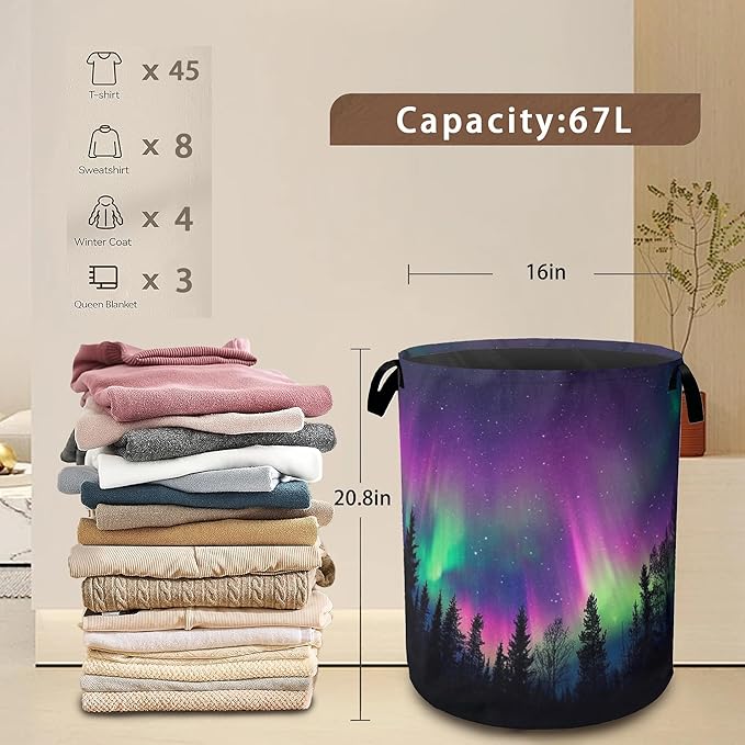 Northern Lights Laundry Hamper,Collapsible Laundry Baskets,Dark Forest Dirty Clothes Baskets with Handles,Oxford Cloth Hamper for Bedroom,Bathroom,College Dorms, 16"x20"