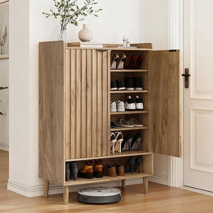 Smuxee Oak Shoe Cabinet with Fluted Doors, 6-Tier Shoe Storage Cabinet with Adjustable Shelves, Freestanding Shoe Organizer Cabinet for Entryway, Hallway, Closet, Living Room
