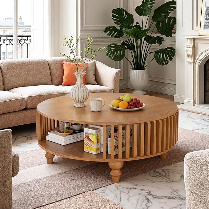 2-Tier Round Coffee Table 30.7" Round Coffee Table with Storage Mid-Century Modern Circle Accent Center Table Farmhouse Low Cocktail Tea Furniture for Living Room Small Spaces (30.7" Round)