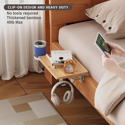Magheo Bedside Shelf Wood, Foldable Clip-On Bed Shelf for Top Bunk Space Saving Bed Side Table Tray for College Dorm Room Essentials,Loft Nightstand Organizer Tray with Rotatable Cup Holder, Hooks