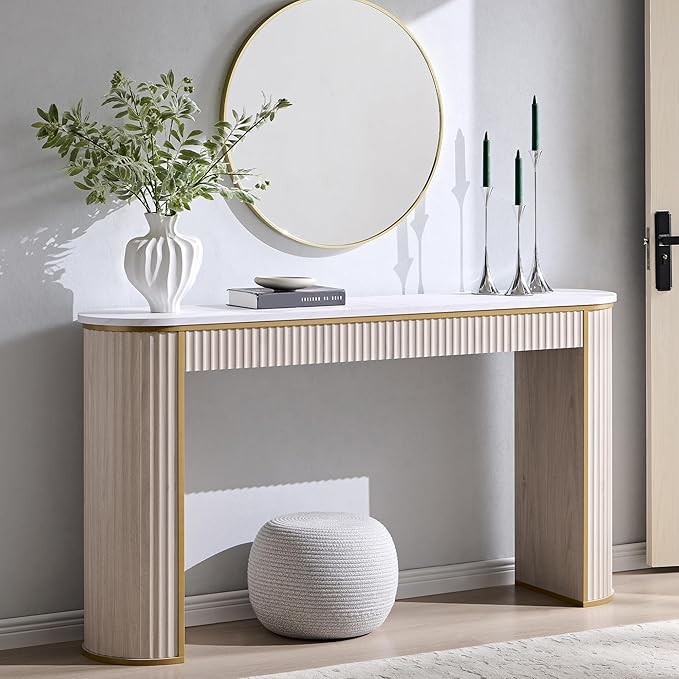 OKD Modern Fluted Console Table, 63" Long Narrow Entryway & Sofa Tables for Hallway, Tall Accent Table Behind Couch for Foyer Living Room, White Alder