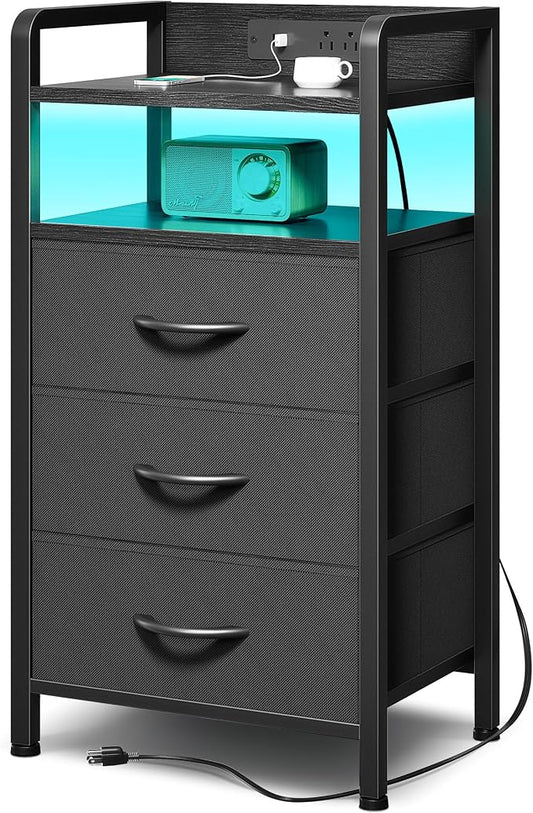Lazzanto Night Stand Bedside Charger Bedroom - Nightstand with Charging Station & LED Light Strip, Night Stand with Storage Shelf & 3 Fabric Drawers, Morden End Table with U-S-B Ports & AC Outlets
