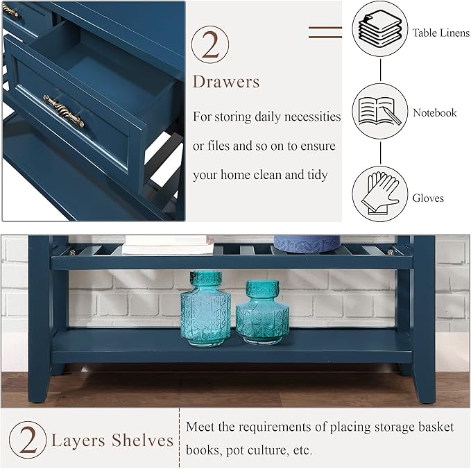 LKTART Solid Wood Console Table Entryway Table with Storage Drawers and Shelves Sofa Table for Entry Hallway Foyer(42" Navy Blue)