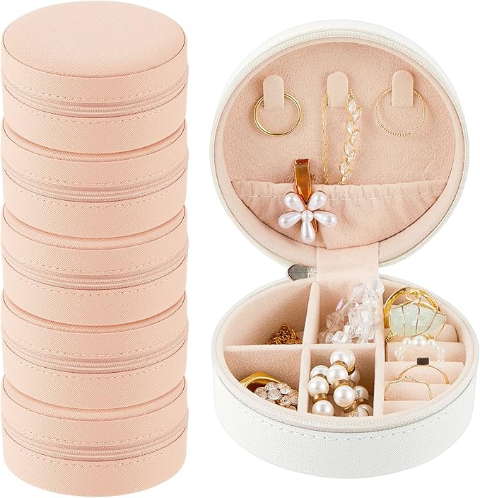 6 Pcs Travel Jewelry Case Bridesmaid Gift Boxes Jewelry Travel Organizer Small Round Jewelry Box Mini Storage PU Leather