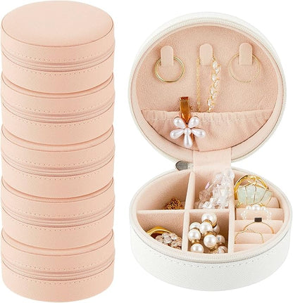 6 Pcs Travel Jewelry Case Bridesmaid Gift Boxes Jewelry Travel Organizer Small Round Jewelry Box Mini Storage PU Leather