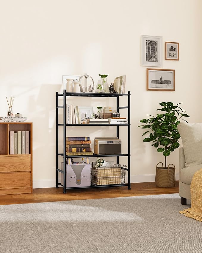 Sakugi Storage Shelves - 4-Tier Metal Storage Shelves with Wall Anchoring Kit & Leveling Feet, Sturdy Steel Shelf Organizer for Kitchen, Laundry Room, Bathroom, 23.6" x 13.7" x 44.8", Black