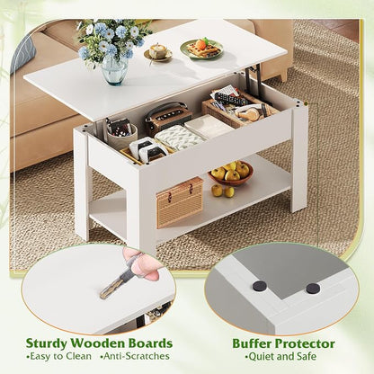 WLIVE Coffee Table, 39" Lift Top Coffee Table with Hidden Compartment, Storage Shelf and Lifting Top for Home Living Room, Office and Reception Room, White